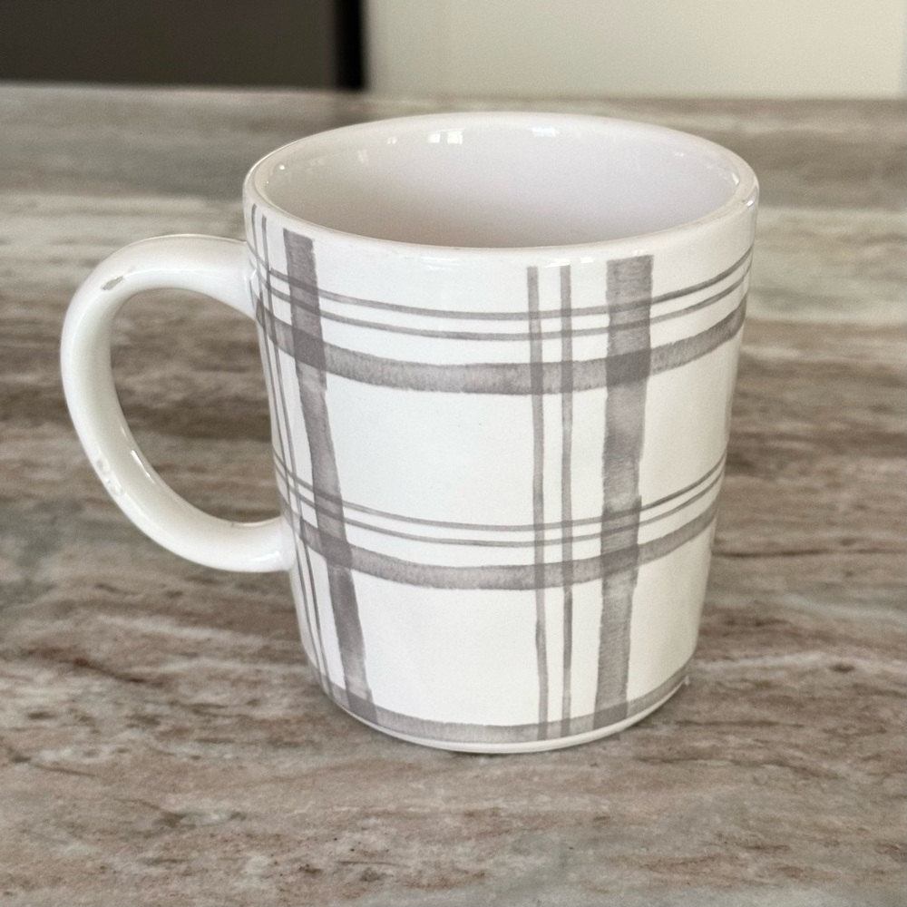 Pier 1 White and Grey Checkered Plaid Ironstone China Mug